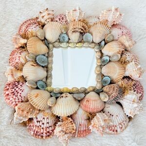 Vintage Handmade Square Seashell Mirror Hawaii Coastal Beach 11”x11”